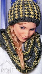 Женская шапка спицами и шарф